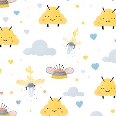 Cute pattern with clouds and rainbow