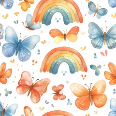 Obraz premium watercolor pattern with rainbow and butterfly 