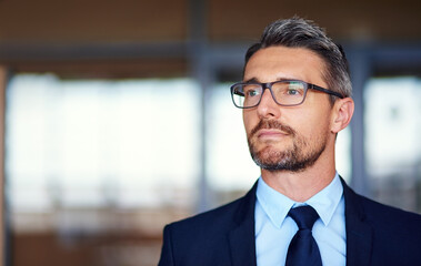 Business man, thinking and office with CEO, future and mature employee with idea for investment. Professional, glasses and investing consultant in a lobby ready for working in executive suit