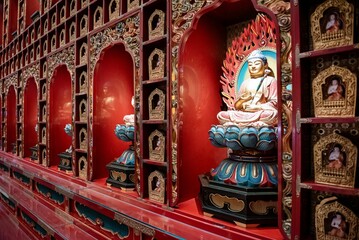 the wall is painted red with buddha statues in it's niches