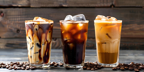 three Tasty ice coffee plastic cups with milk cold drink in glass and beans with straw isolated food on dark background Close up of iced coffee and iced chocolate on wood table.
