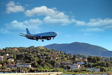 Airplane landing at Kerkyra Airport, Corfu International Airport. Corfu island, Greece