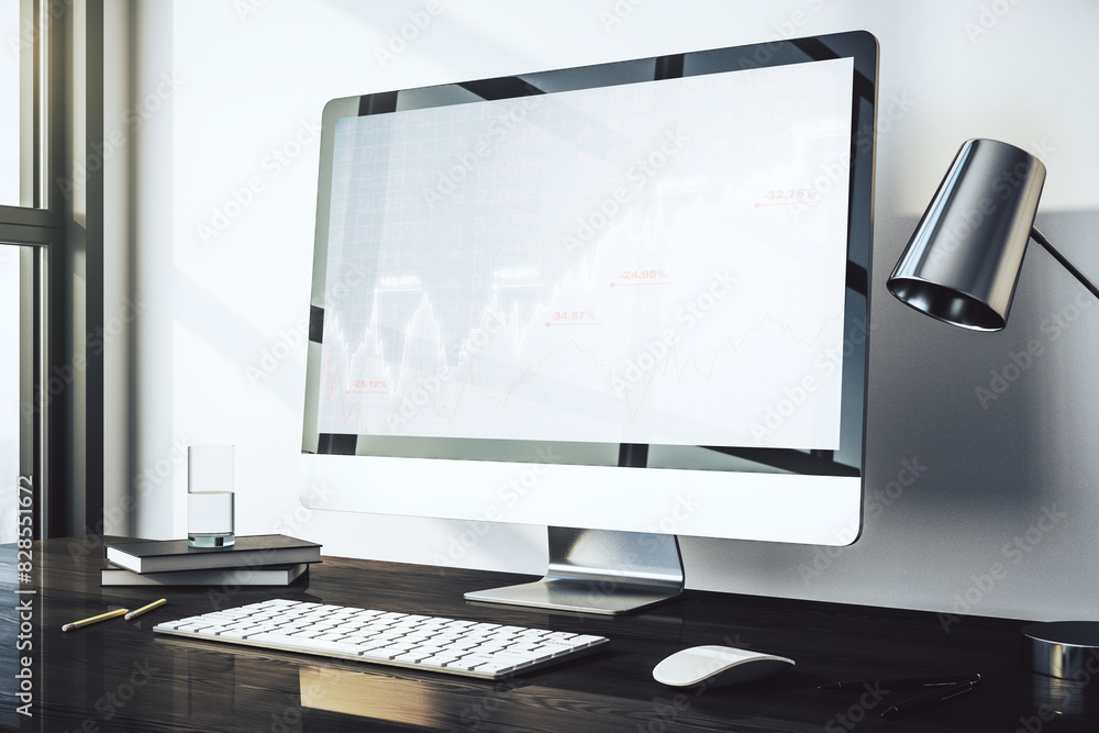 Poster Computer monitor with abstract financial graph, finance and trading concept. 3D Rendering