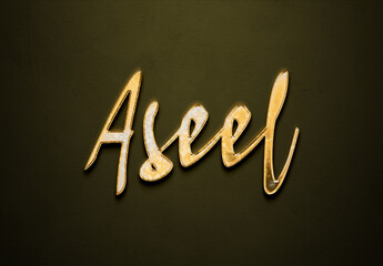 Old gold text effect of Arabic name Aseel with 3D glossy style Mockup.