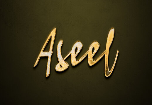Old gold text effect of Arabic name Aseel with 3D glossy style Mockup.
