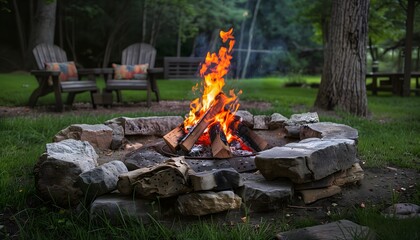 Cozy Campfire with Chairs in a Tranquil Backyard Setting