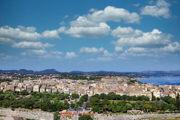 Naklejka premium Panoramic view on classical Greek houses buildings Corfu island capital Kerkyra Greece