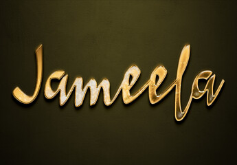 Old gold text effect of Arabic name Jameela with 3D glossy style Mockup.
