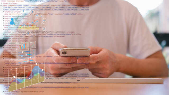 data analysis and input data system devops concept, man using computer keyboard and smartphone working with data charts and digital comman prompt background