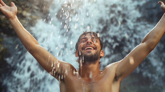 Happy man taking a shower in nature under the waterfall stream. Refreshing summer bathing outdoors, tropical jungle water splash, freedom, adventure, travel