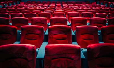 Obraz premium Inside the cinema or the theater: Empty rows of red luxury chairs decorated with mood lighting, await the audience.