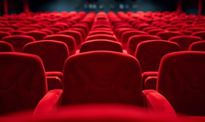 Obraz premium Inside the cinema or the theater: Empty rows of red luxury chairs decorated with mood lighting, await the audience.
