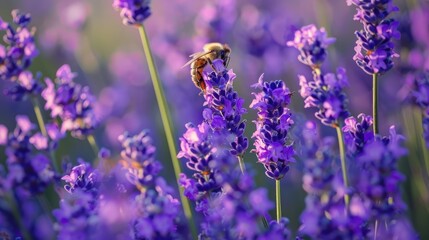 Obraz premium Bee resting on lavender blossoms