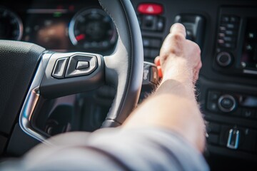 Naklejka premium Semi Truck Driver Releasing Air Brake and Heading New Destination