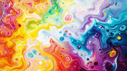 Fototapeta premium Fluid forms made of acrylic pouring with bright colours, iridescent background. Generative AI