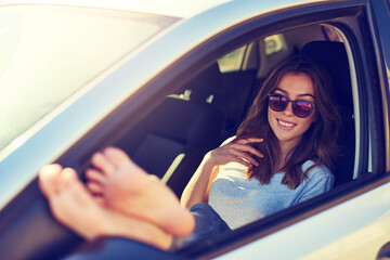 Woman, car and portrait by window in summer for travel, freedom and vacation with sunshine outdoor....