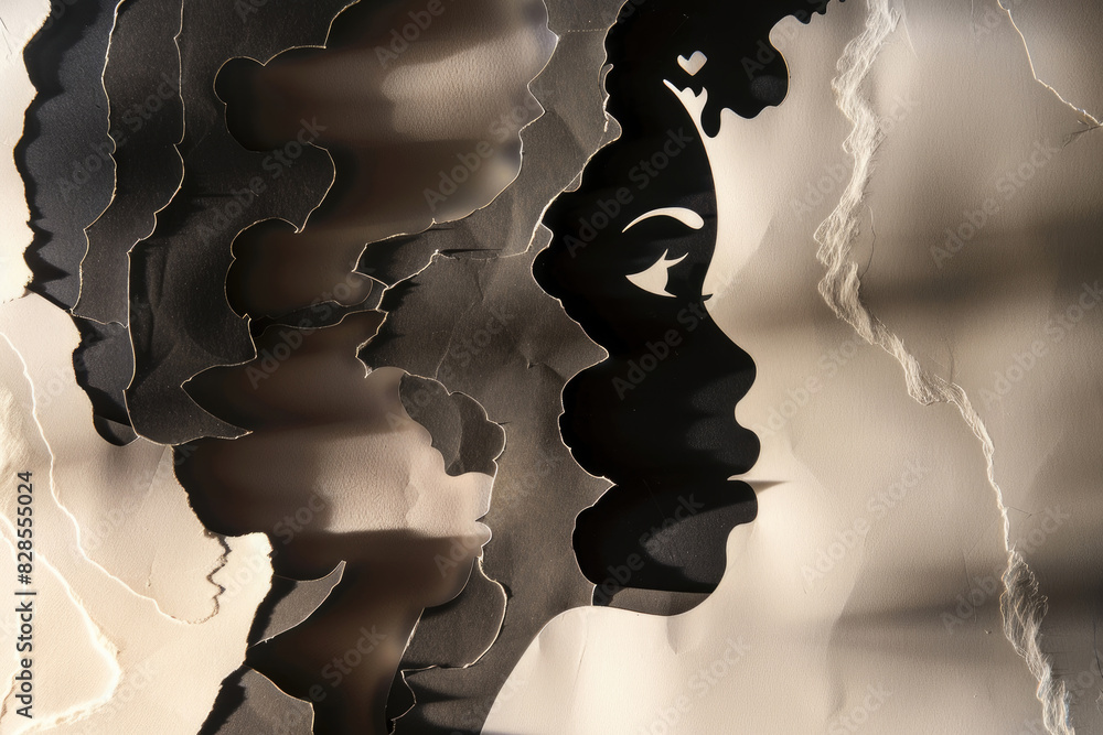 Poster a creative artwork showcasing a womans silhouette in multiple layers, presenting an abstract and art