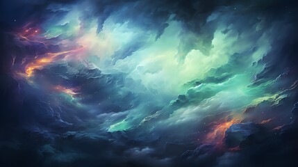 Vibrant and ethereal abstract artwork depicting swirling cosmic clouds in vivid colors, creating a mesmerizing and otherworldly scene.
