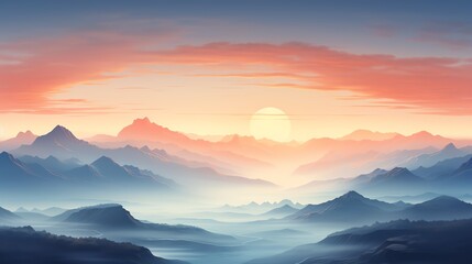 Fototapeta premium A breathtaking sunrise over distant mountain ranges, casting a warm glow across the misty landscape in a serene, tranquil scene.
