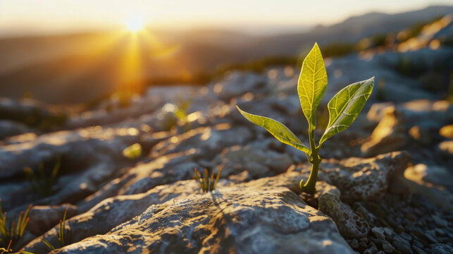 A small green plant breaks through the rocky surface, showcasing the resilience of nature in harsh environments