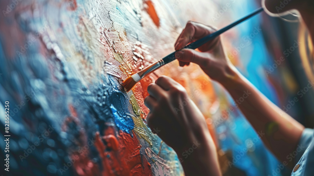 Poster a person focused on painting on a canvas using a brush, creating colorful strokes and textures