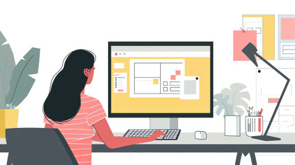 A graphic designer is focused on creating a digital layout on a desktop computer in a sleek, modern office environment with ample light and organized workspace