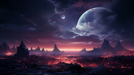 Surreal alien landscape with a distant planet and rugged terrain, glowing under a purple sky, evoking otherworldly mysteries.