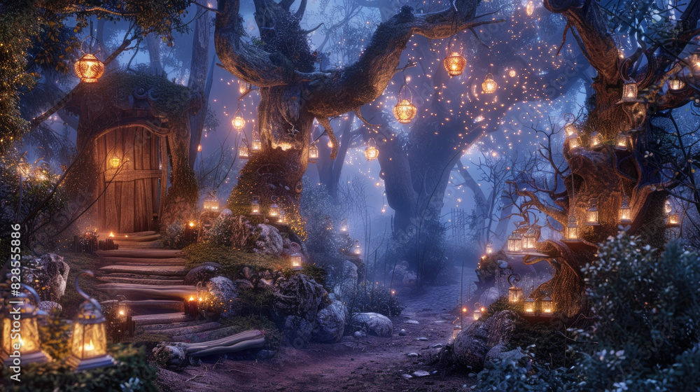 Poster a beautifully lit pathway in a mystical forest, adorned with glowing lanterns and surrounded by anci
