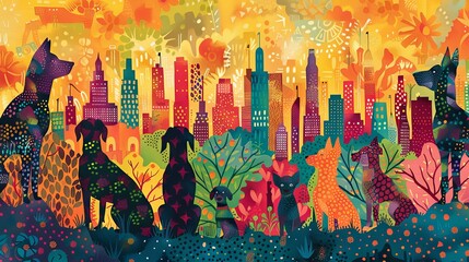 Beautiful colorful pictures of dogs For designing fabric patterns.