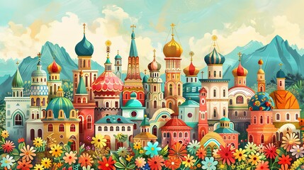 Obraz premium Pictures of the beautiful architecture of the village Decorated with flowers Various fruits and plants.