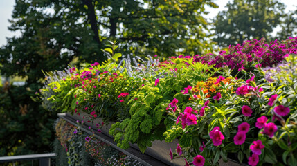 Obraz premium A line of vibrant flowers stretches along the rooftop, adding a pop of color to the urban landscape