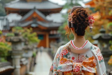 Woman in Kimono at Japanese Temple