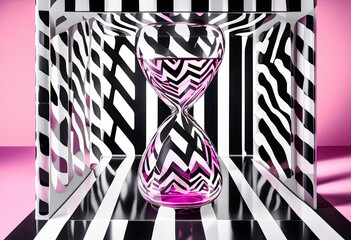 A glass hourglass filled with pink liquid stands in a geometric black and white striped room, creating an optical illusion with vibrant patterns and reflections.
