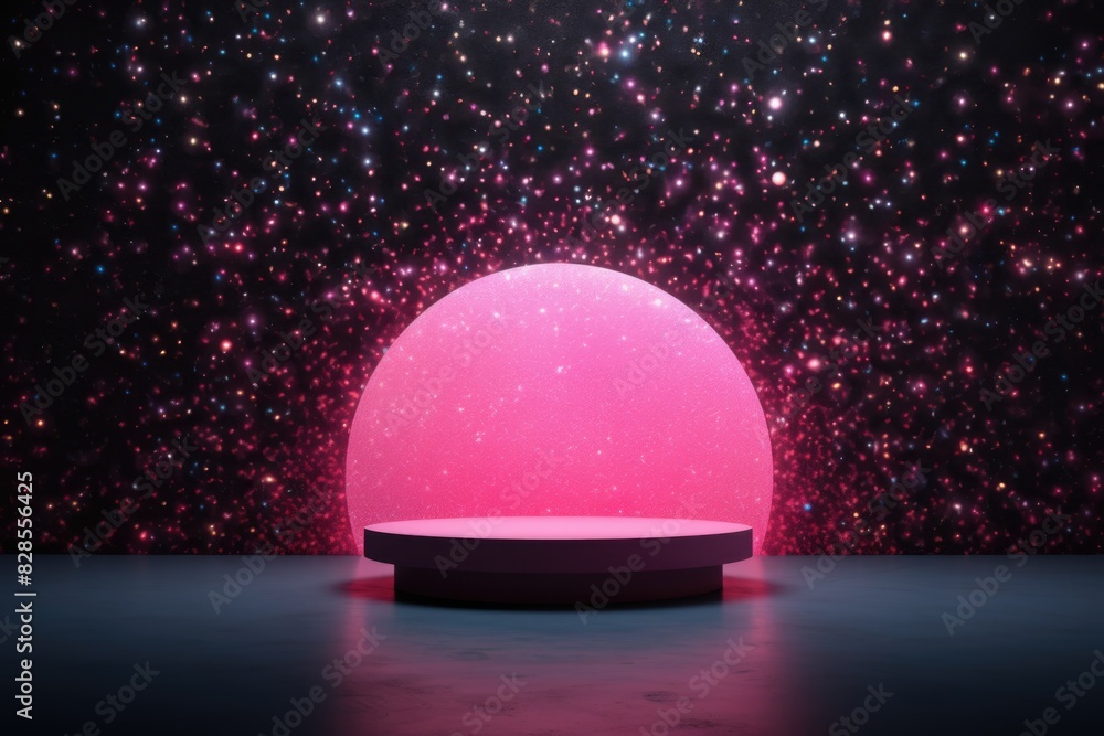 Poster modern showcase platform with a celestial pink sphere and starry background, creating a mystical eff