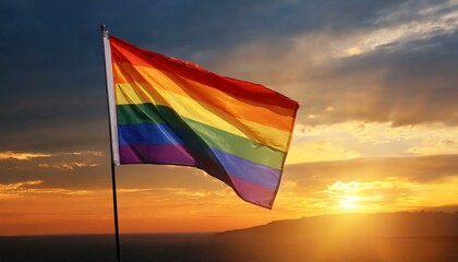 lgbt flag against sunset background, pride parade, lgbt pride month, fight against homophobia, tolerance, rally of many people