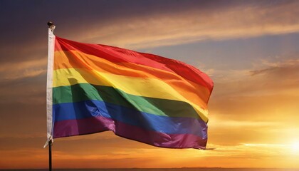 lgbt flag against sunset background, pride parade, lgbt pride month, fight against homophobia, tolerance, rally of many people