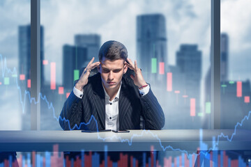 Pensive business man. Investor grabs head. Crisis chart near businessman. Office employee is sad...