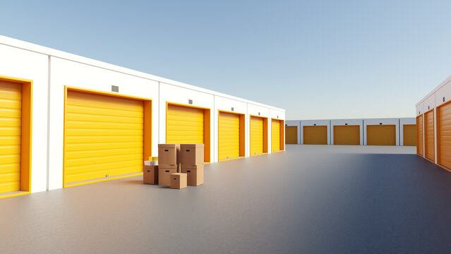 Self storage spaces. Garages for safekeeping. Separate outdoor storage areas. Self storage spaces behind orange gates. Boxes near entrance to garage warehouse. Rent storehouse unit. 3d image