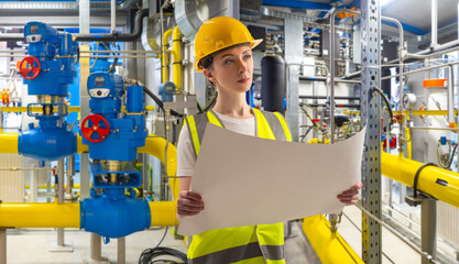 Woman factory contractor. Girl engineer with papers. Lady manager of manufactory. Gas pipes behind...