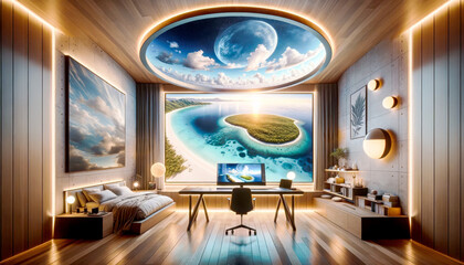 A futuristic bedroom with a ceiling mural of a moonlit sky and a massive window displaying a tropical island view, creating a serene and immersive atmosphere.