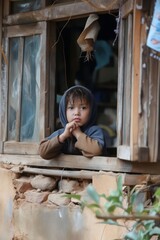 A young boy looks out of a window in a hut.