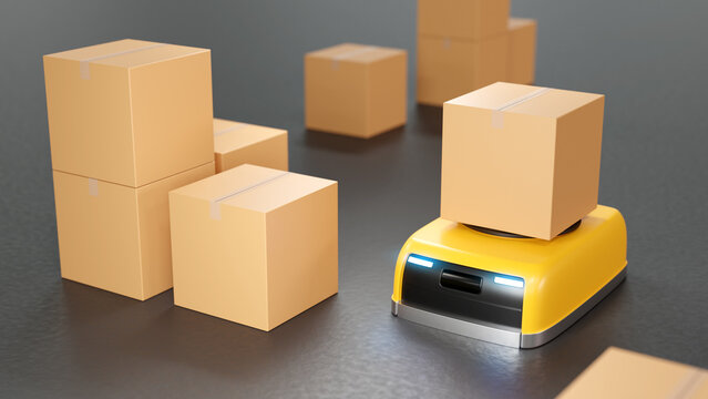 Automated guided vehicles. Warehouse robot with box. Storage machines. Autonomous mobile robot. Warehouse automation. Robot for sorting parcels. Robotization fulfillment process. AMR, AGV. 3d image