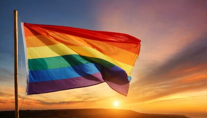 lgbt flag against sunset background, lgbtq pride parade, lgbtqia pride month, fight against homophobia, tolerance, rally of many people