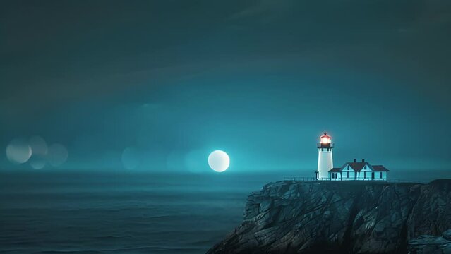 A lone lighthouse on a cliff enveloped in a mesmerizing blue aura from St. Elmos Fire.