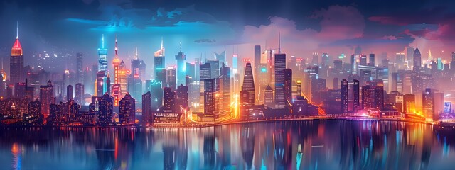 Futuristic City Skyline at Night with Neon Lights and Reflections