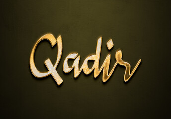 Old gold text effect of Arabic name Qadir with 3D glossy style Mockup.