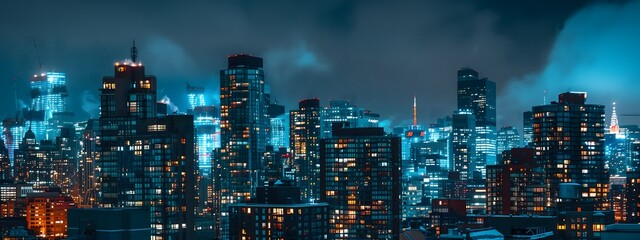 Dynamic Urban Cityscape at Night with Striking Blue Tones