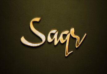 Old gold text effect of Arabic name Saqr with 3D glossy style Mockup.