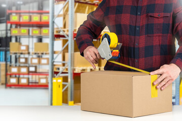 Packer with tape dispenser. Cropped man in warehouse. Packer seals parcel with tape. Guy works as...