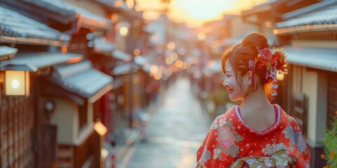 Obraz premium A woman wearing a kimono is walking down a street in Kyoto, Japan.